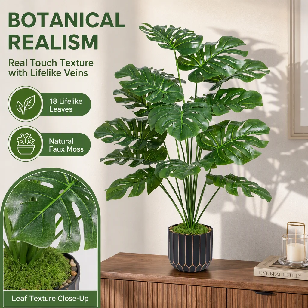 Pianta artificiale di Monstera, 60 cm, pianta finta in vaso con 18 foglie realistiche, steli flessibili al tatto, ideale per decorare interni, uffici, soggiorni.