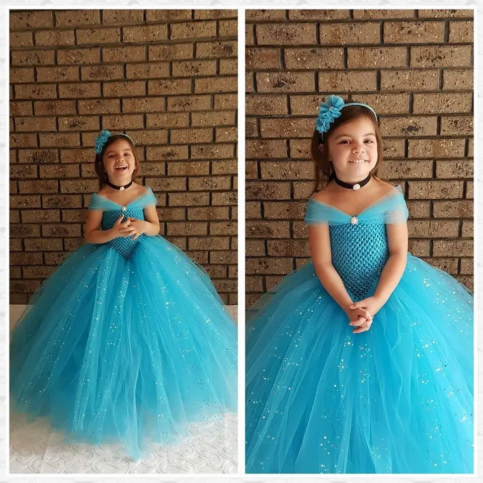 Turquoise blue Glittery Kids Girl Dress Wedding Party Photograph V- Shaped Girls Tutu Dress for Party Spark Tulle Girls Clothes