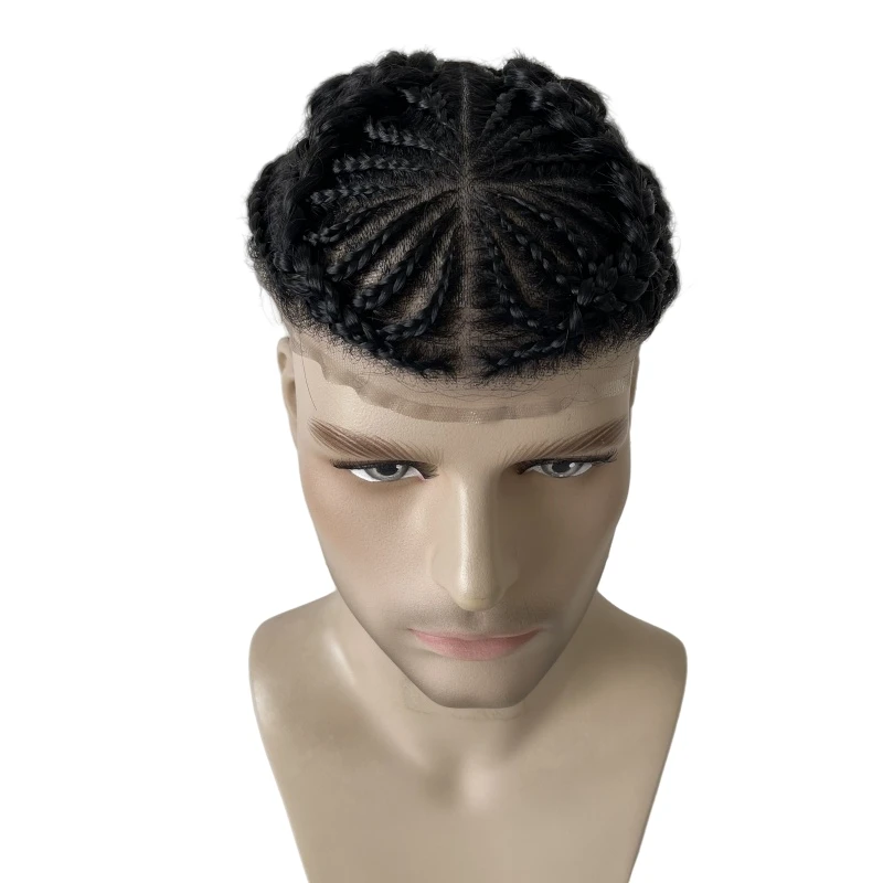 أنظمة الشعر البشري الهندي العذراء 1 #   Jet Black Color 10A Grade Cornrow Braids BIO Toupee 8x10 وحدة الدانتيل الأمامي للرجال السود