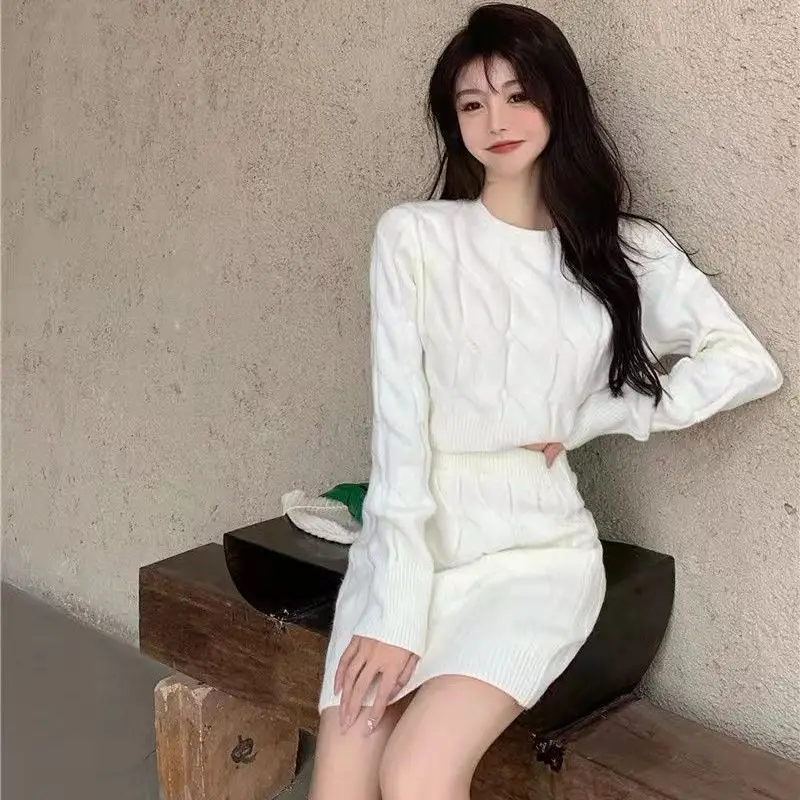 

Two Piece OF Pullover Autumn/Winter Knitted Sweater Set Pure Desire Short Sweater Sexy Spicy Girl Arm Wrap Skirt Sweater Female