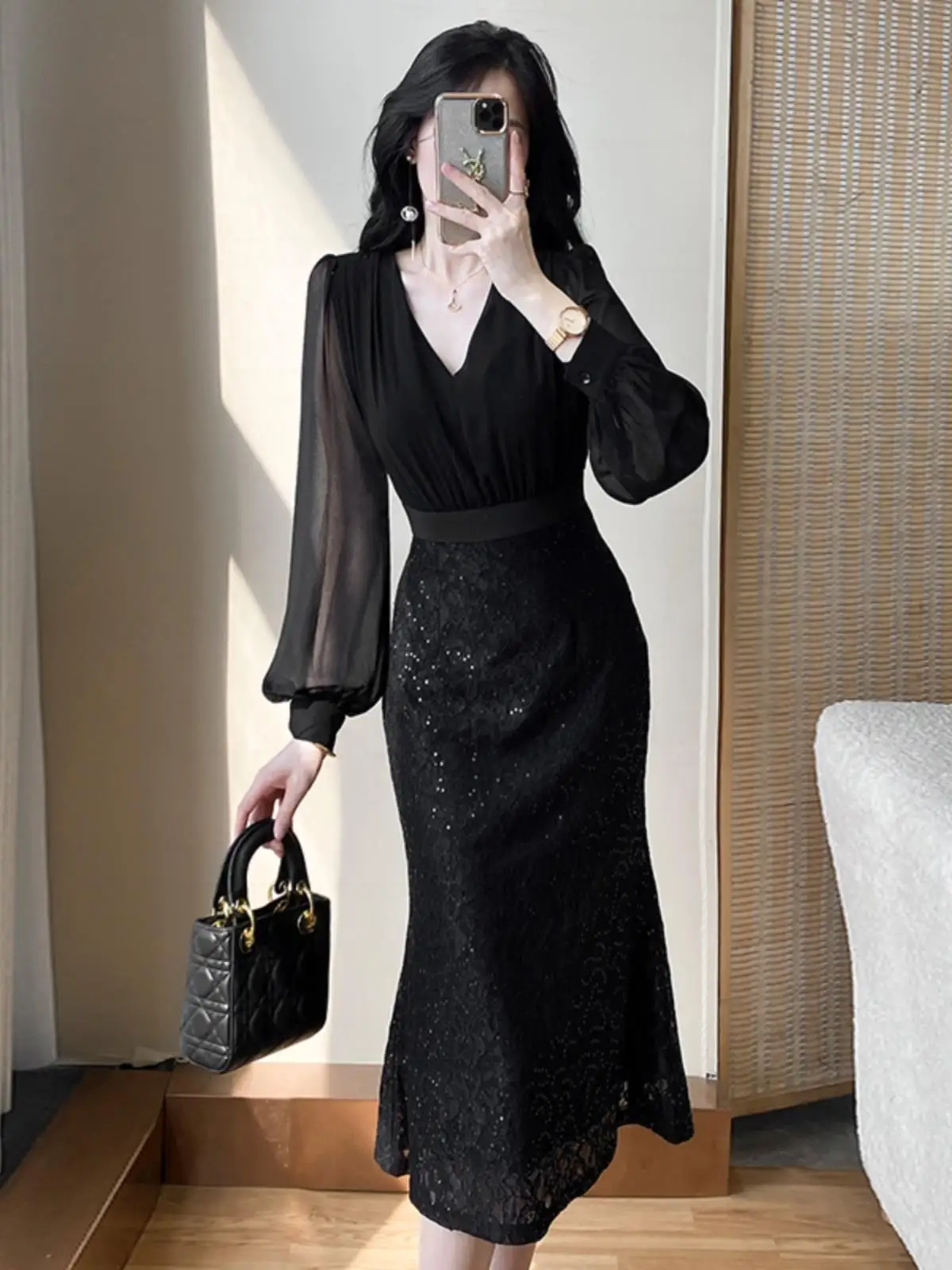 Ele Slimming Evening Dr Women's Faionable Godd Sle Autumn Luxury Sense Midi Dr for Par And Wedding