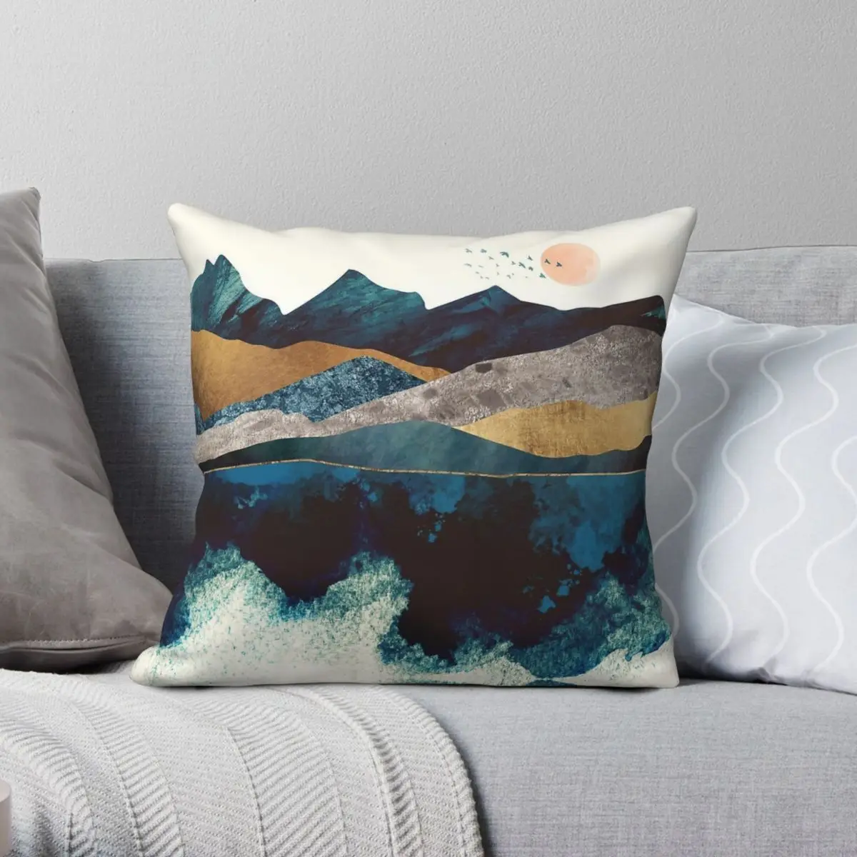 Blue Mountain Reflection Square Pillowcase Polyester Linen Velvet Pattern Zip Decor Sofa Cushion Cover 45x45