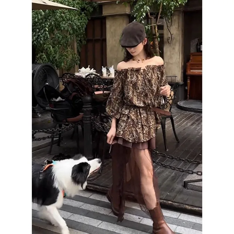 

French Temperament One-word Shoulder Floral Long-sleeved Shirt Mesh Pleated Skirt Women' Clothing Spring Autumn New Fashion Suit