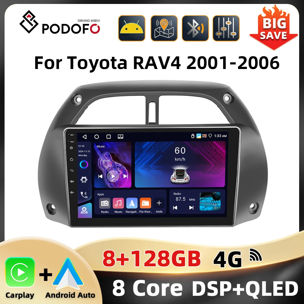 Podofo 8Core 2Din autoradio pour Toyota RAV4 2001-2006 lecteur multimédia WIFI 4G AI voix BT Carplay Android autoradio RDS