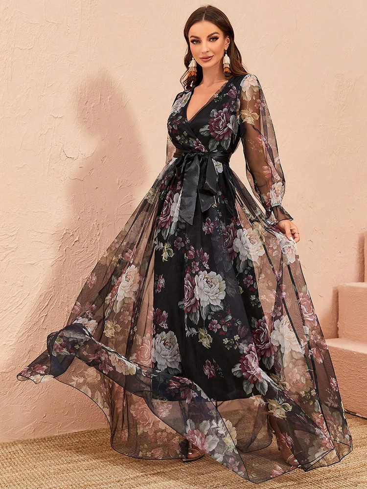 

TOLEEN 2024 New in Women Casual Elegant Female Long Dresses Summer Floral Print Flare Sleeve Belted Lace Mesh Overlay Maxi Dress