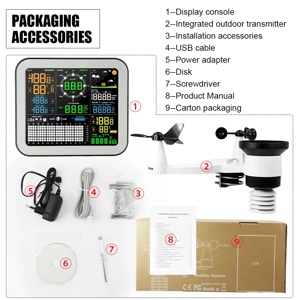 Wireless Weather Station Indoor Outdoor Forecast Temperature Humidity Wind Speed Direction Rainfall With Digital Display Alarm