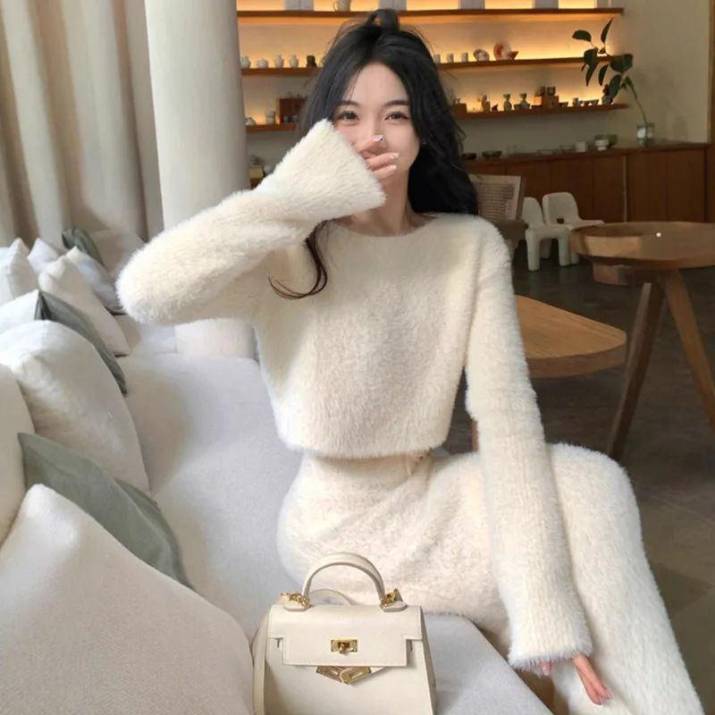 White Korean Style Knitted Skirt Set Long Sleeved Short Sweater Midi Slim Skirt 2 Piece Sets Outfit Solid Elegant Suit For Women