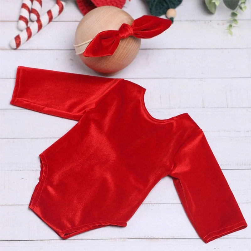 Infant Photography Props Romper Bowknot Headband Christmas Baby Photoshooting Clothes Newborn Shower Gift 2pcs 40JC