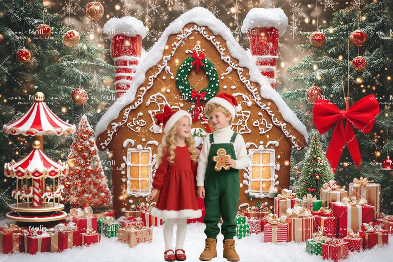 Snowy Gingerbread House Photography Background Glitter Xmas Tree Lantern Gift Backdrop Kid Winter Birthday Portrait Booth Studio