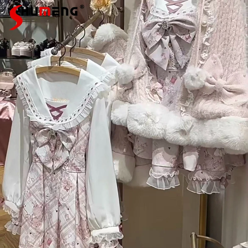 

Liz Dress Set Dress Autumn Women Japanese Mine Sweet Cute Bow Bear Long Sleeve Lolita Dress Top and Shorts Kawaii 2-piece Set