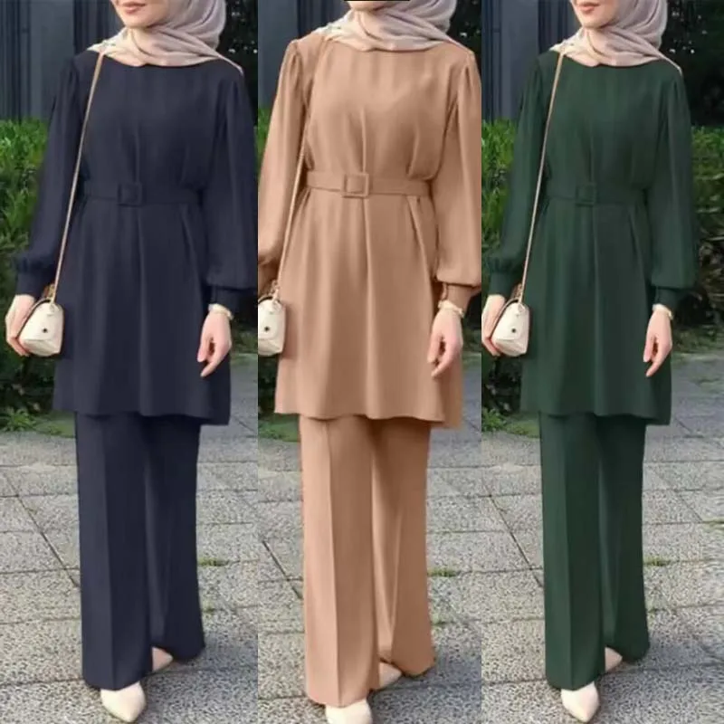 Muslim Islamic Clothing O-neck Long Sleeve Belt Blouse+trousers 2pcs Modest Clothes Suits Eid Mubarek Outfits Ensembles Musulman