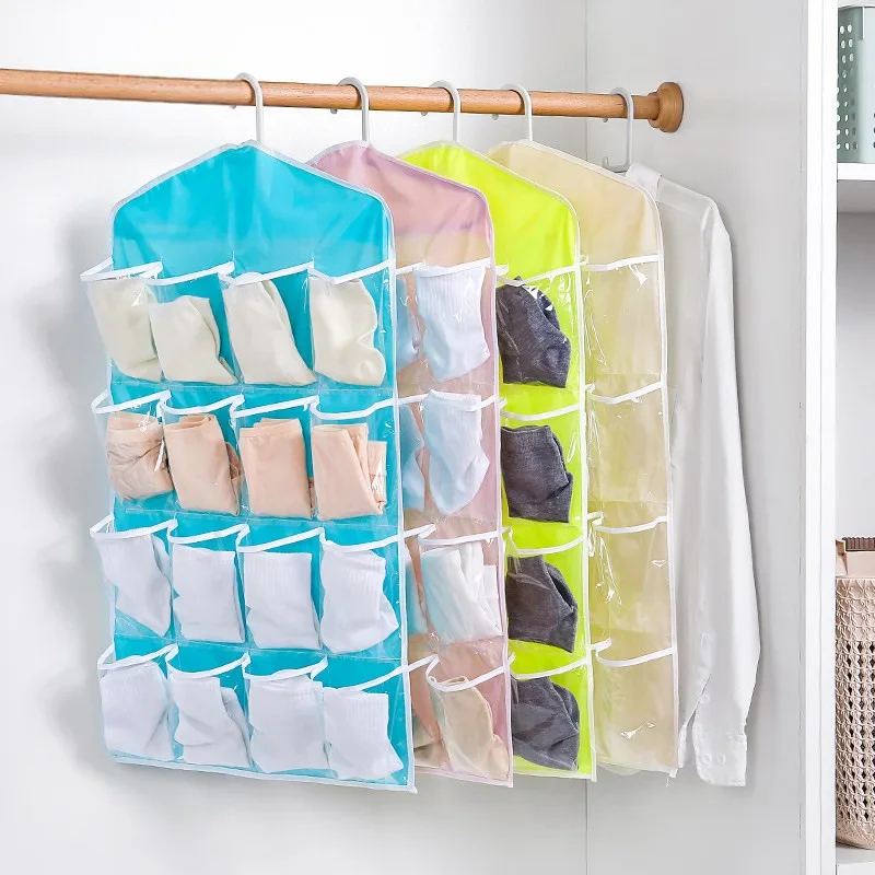 1PC 16 Grid Wall-mounted Clothes Organizer Fabric Closet Bag  Rack Mesh Pocket Clear Hanging Over The Wardrobe