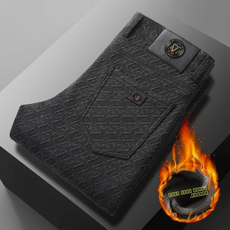 

Winter Faion Busin Casual Pants Men's Fce Lined Thiened Knitted Floral Straight Leg Pants Versatile Warm Men's Pants