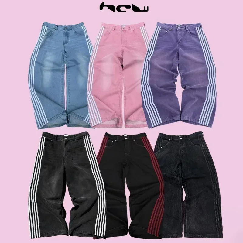 

Y2K Men Jeans High Quality Solid Wash Striped Jeans fashion gothic Punk Men Women Casual Hip Hop Streetwear wide leg Denim Pants