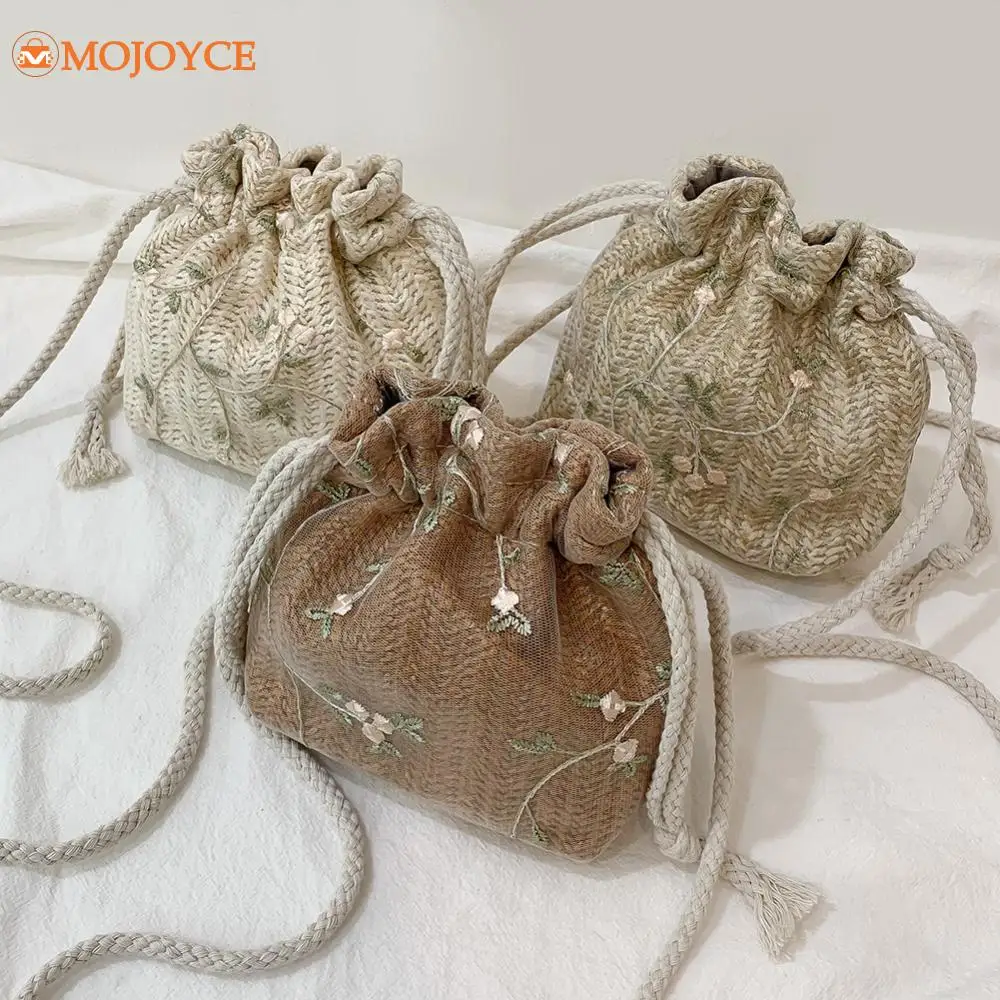 Summer Woven Drawstring Bag 2024 Ladies Straw Weaving Small Crossbody Bag Lace Flower Embroidery Satchel Women Beach Sling Purse