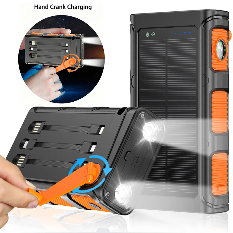 30000mAh Hand Crank Solar Power Bank with Cables Light PD 20W Fast Charger Powerbank for iPhone Samsung Xiaomi External Battery
