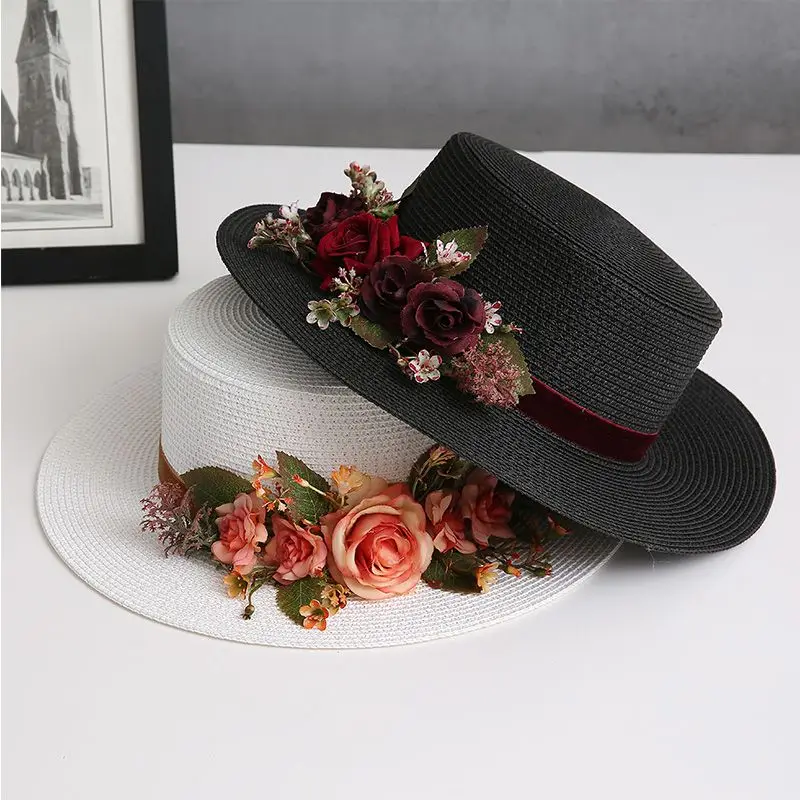 

Summer Women French Retro Flower Flat Top Straw Hat Sun Hat Outdoor Holiday Sun Hat Breathable Wedding Hat Wholesale 2025
