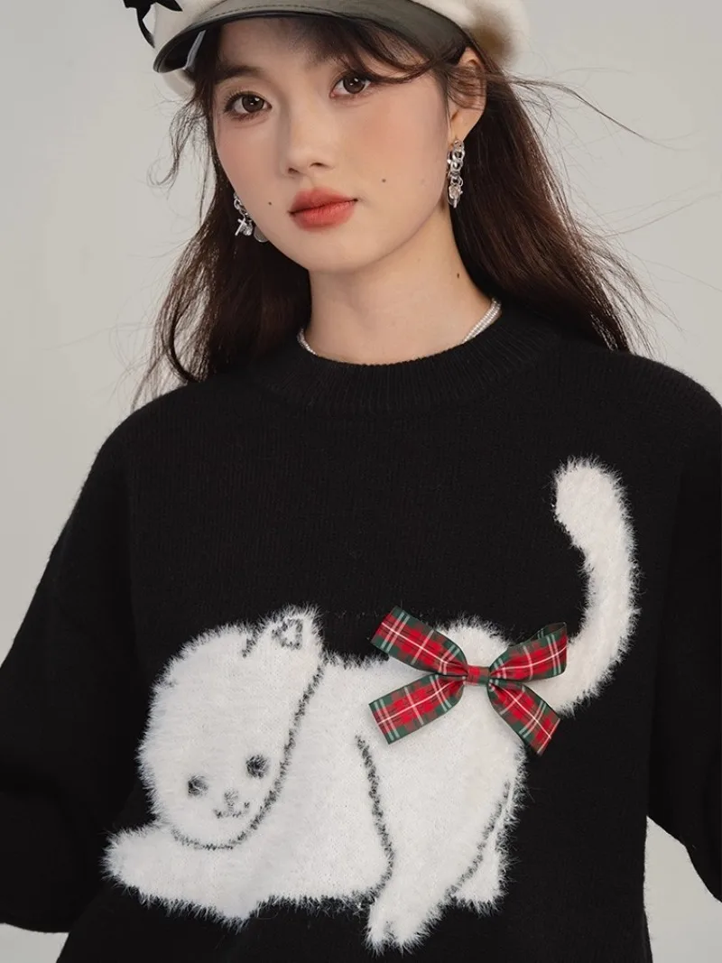 NONSAR الحلو لوليتا سترة المرأة لطيف القط القوس الياقة المستديرة فضفاضة Vintage البلوز الخريف الشتاء أسود أحمر عيد الميلاد البلوزات