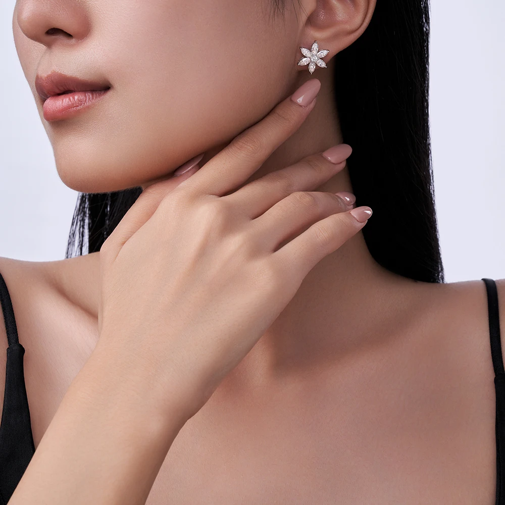 

JIUZUAN Marquise Cut Cluster Flower Stud Earrings S925 Silver with 18K Gold Plated for Elegant Women Daily Wear Earrings