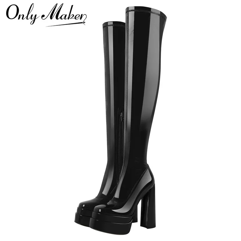 Onlymaker Women Over The Knee Platform  Pink Thick High Heels Square Toe Side Zipper Punk Style High Fashion Big Size Boots