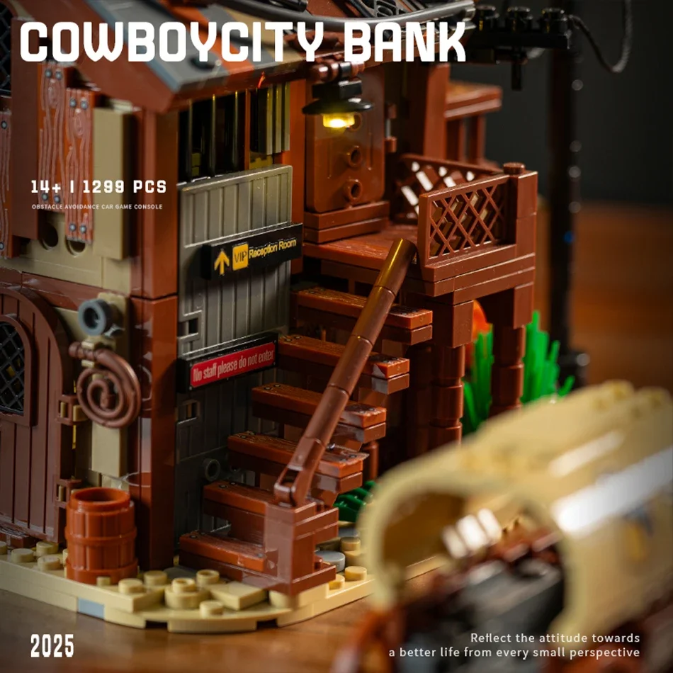 Bloques de construcción de banco de ciudad de vaquero occidental americano, ladrillos con vista a la calle, juguetes ligeros para adultos y niños, montaje de regalos