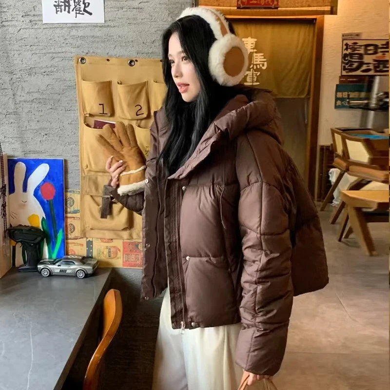 Winter Thick Hooded Crop Puffy Coats Women Black Fashion Mock Neck Zipper Shorts Coats Y2K Streetwear All Match Warm Jacket