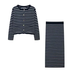 2024 RARF autumn new style European and American fashion niche striped knitted jacket straight tube skirt set