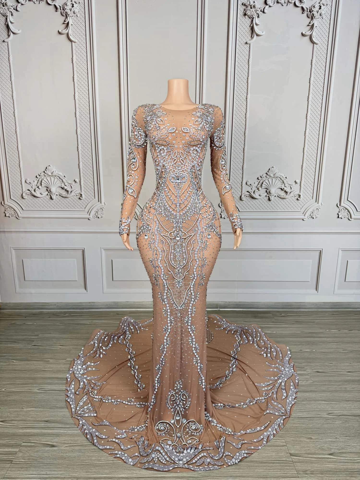 섹시한 아름다움 피쉬테일 이브닝 드레스 화려한 다이아몬드 퍼스펙티브 메쉬 파티 연회 연예인 레드 카펫 런웨이 가운 huacong