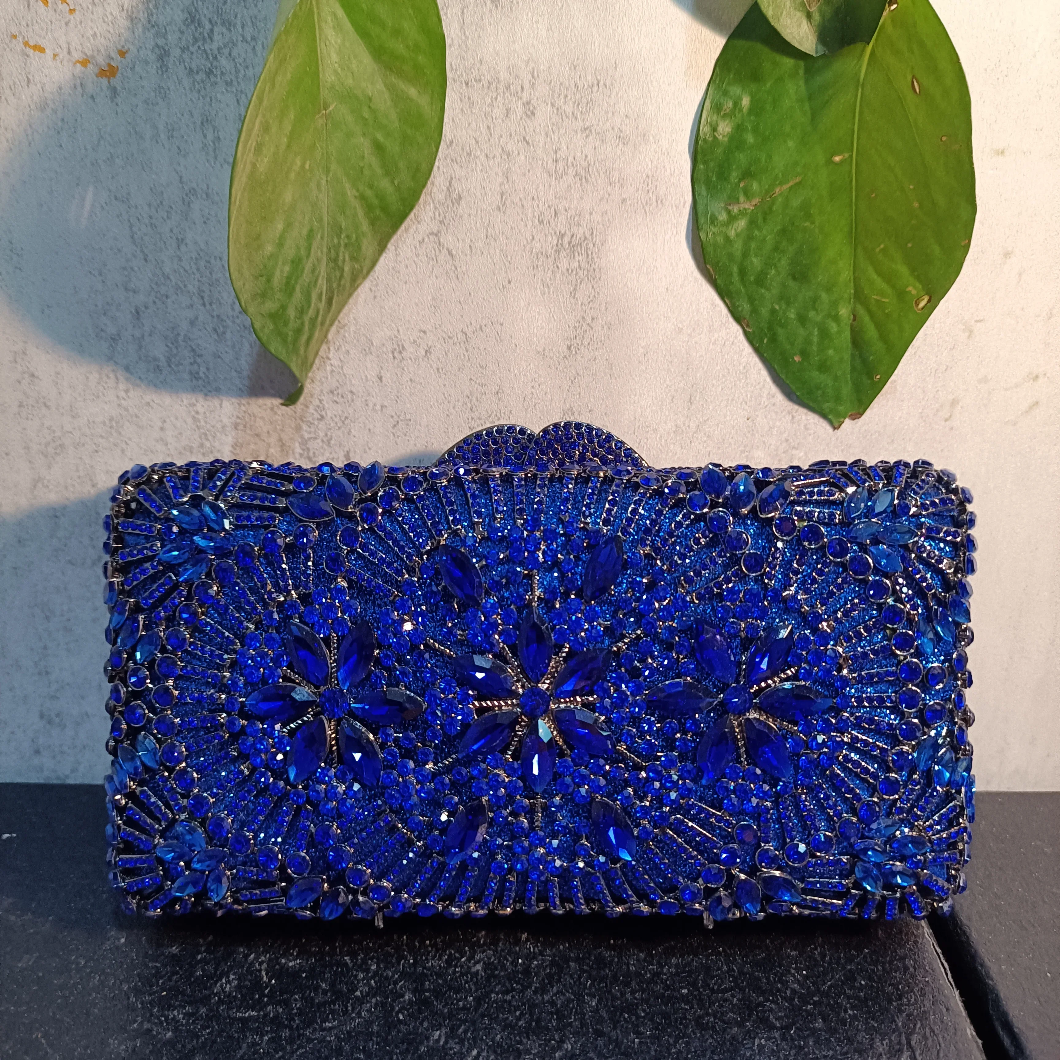 

XIYUAN Woman Blue Hollow Out Flower Bags Diamond Gala Dinner Evening Bag Wedding Bridal Floral Purse Bling Crystal Party Handbag