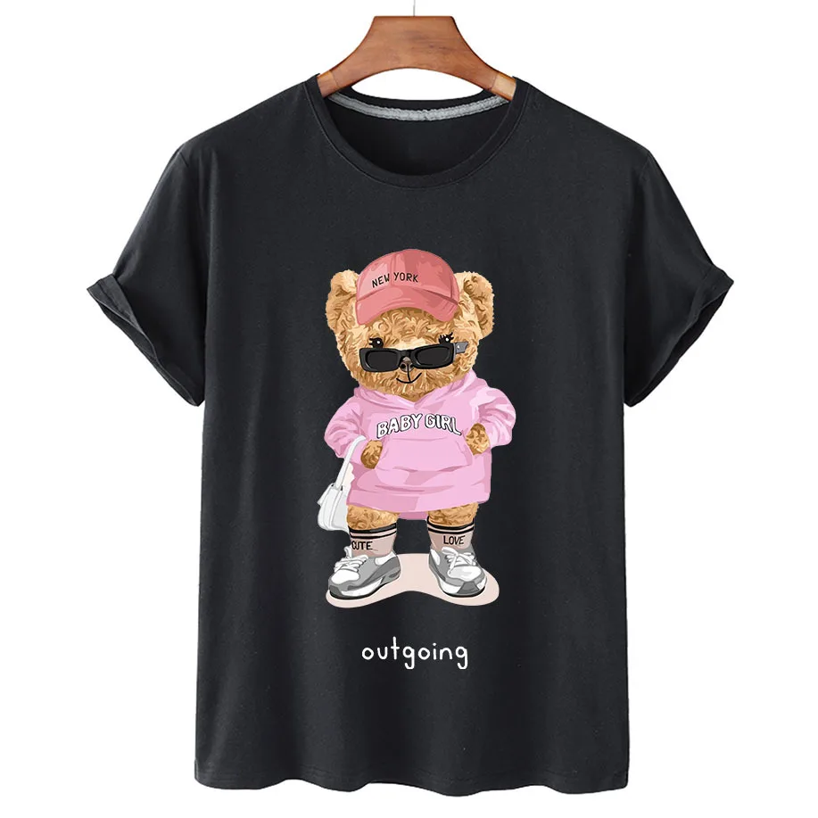 100% Cotton Sunglasses Girls Bear T Shirt Summer T Shirt Women Short Sleeve O Neck T Shirt Unisex Plus Oversized Women T Shirt