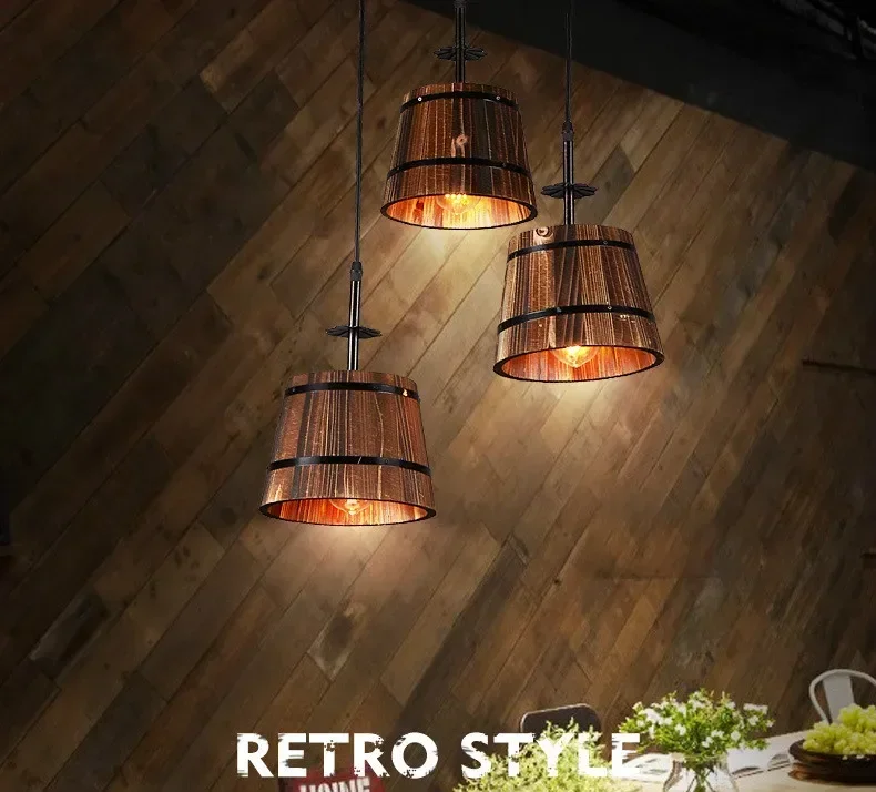 American rural industrial Restaurant Bar bucket bucket chandelier personality creative hotel coffee shop solid wood lamps