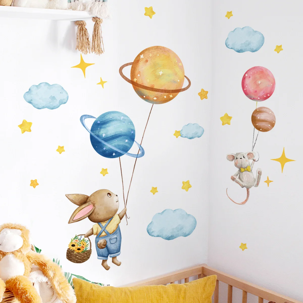 30*60cm Cosmic Planet Clouds Cartoon Bunny Wall Sticker Children's Room Living Room Bedroom Study Decoration Mural Wall Sticker