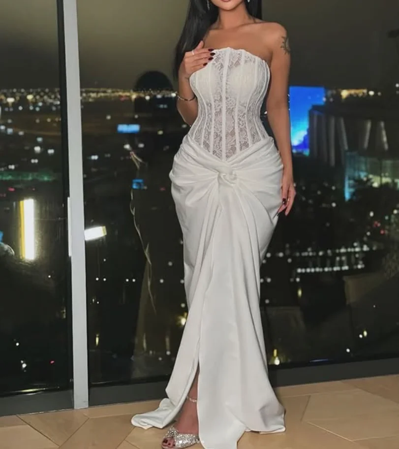 Abiti da cerimonia da sera lunghi senza spalline con spacco alto in chiffon di pizzo con corsetto disossato Top abito da ballo personalizzato vestido festa