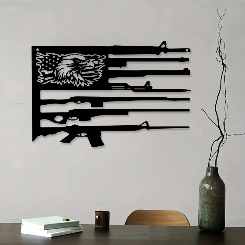 Klassische Patriotische Amerikanische Flagge mit Adler und Gewehr Metall-Wandkunst-Skulptur, für Waffenliebhaber, Langlebige Flaggen-Adler Metall-Wanddekoration