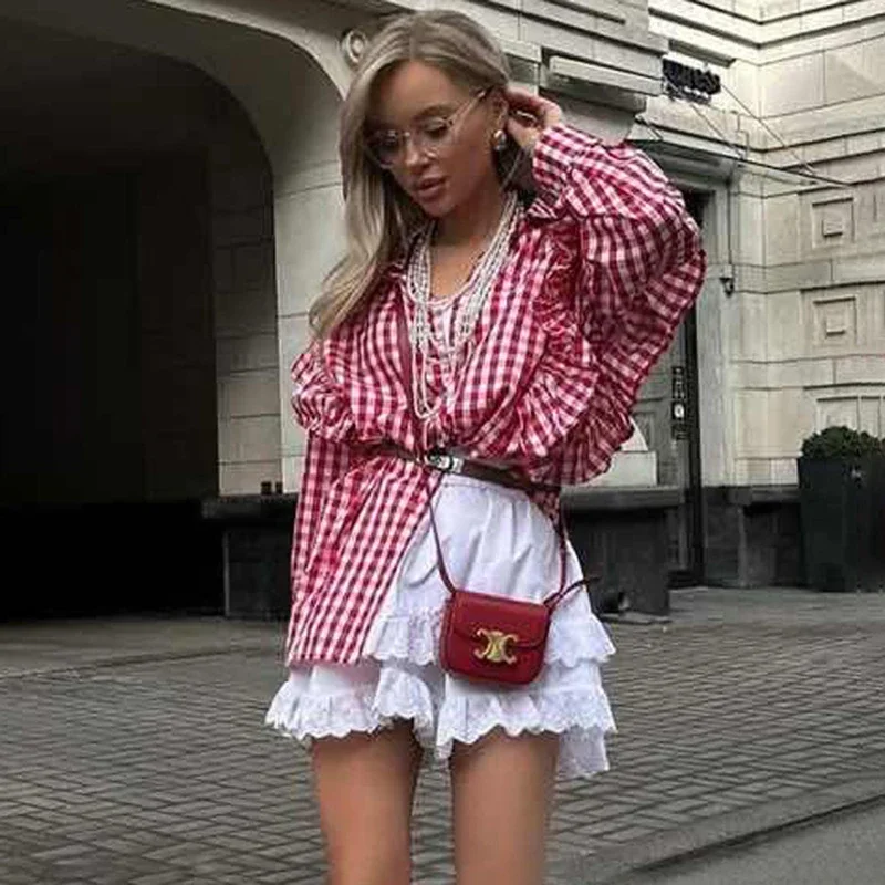 

Women's Fashion Ruffled Shirt Plaid Print Laple Long Sleeve Blouses Button Cardigan Top Casual Loose Splice Female Shirt