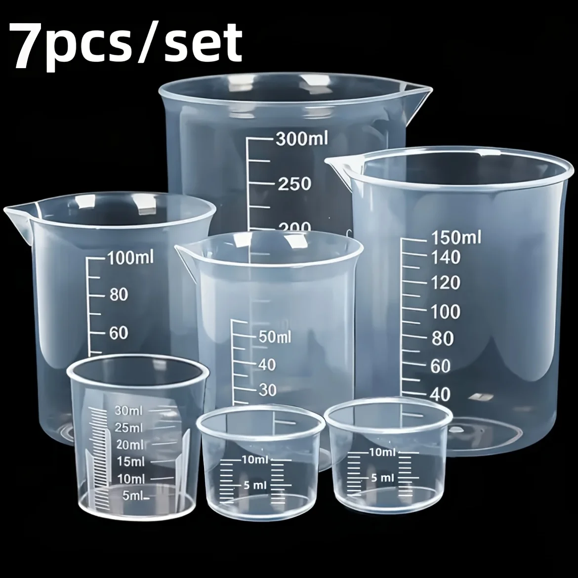 Plastic Measuring Cups Set of 7, Suitable for Laboratory Sampling, Baking Ingredients, Cosmetic Mixing, Resin Crafting, and Pharmaceutical Dosing, Ideal for Baking Enthusiasts, DIY Hobbyists, Student Experiments, Beauty Product Makers, and Home Kitchen Users