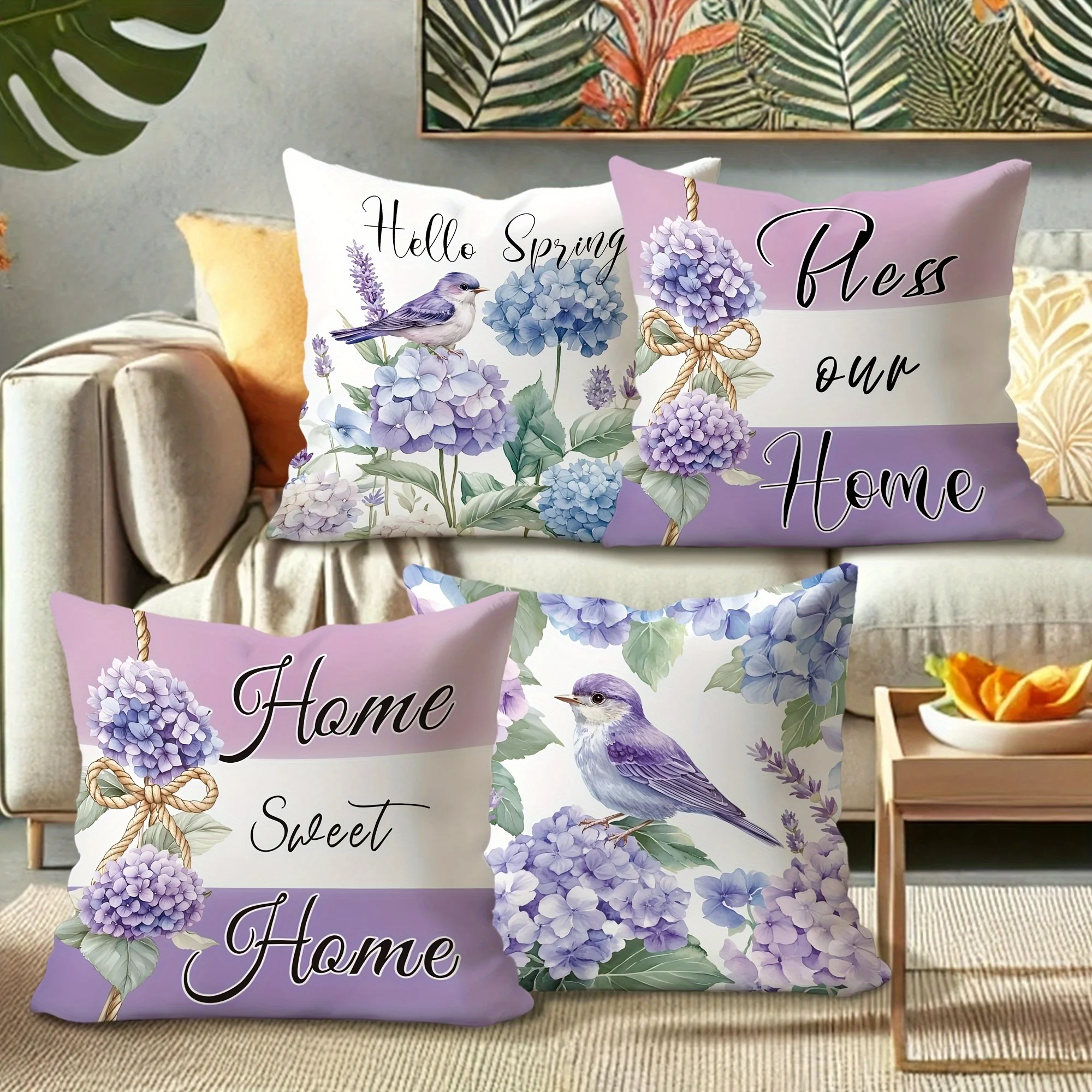Spring Bird & Hydrangea throw pillow cover with short plush print for living room sofa decoration cushion cover pillow covers