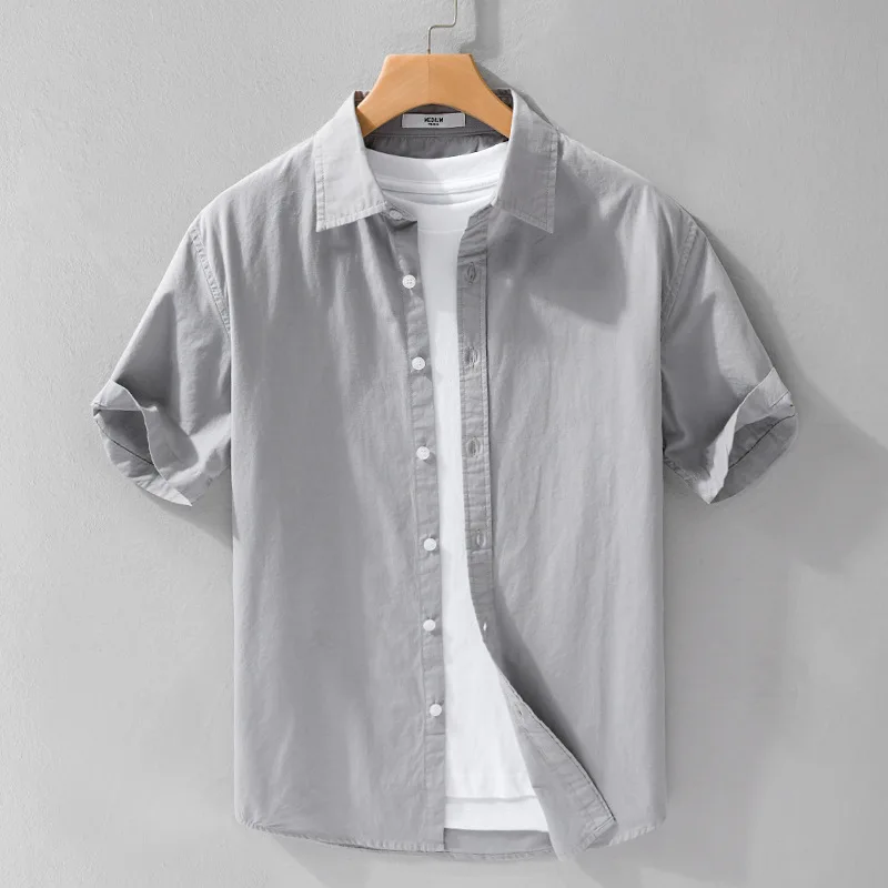 

2024 Mens Short Sleeve Dress Shirts Wrinkle Free Solid Casual Button Down Shirts Stylish Cotton Shirt Korean Popular Clothes