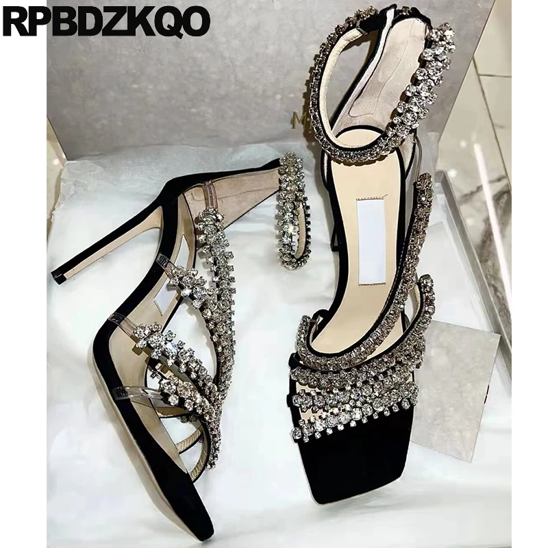 Women Open Toe Sandals High Heels Jewel Zipper Strappy Ankle Strap Pvc Pumps Gladiator Stiletto Rhinestone Diamond Shoes Nubuck