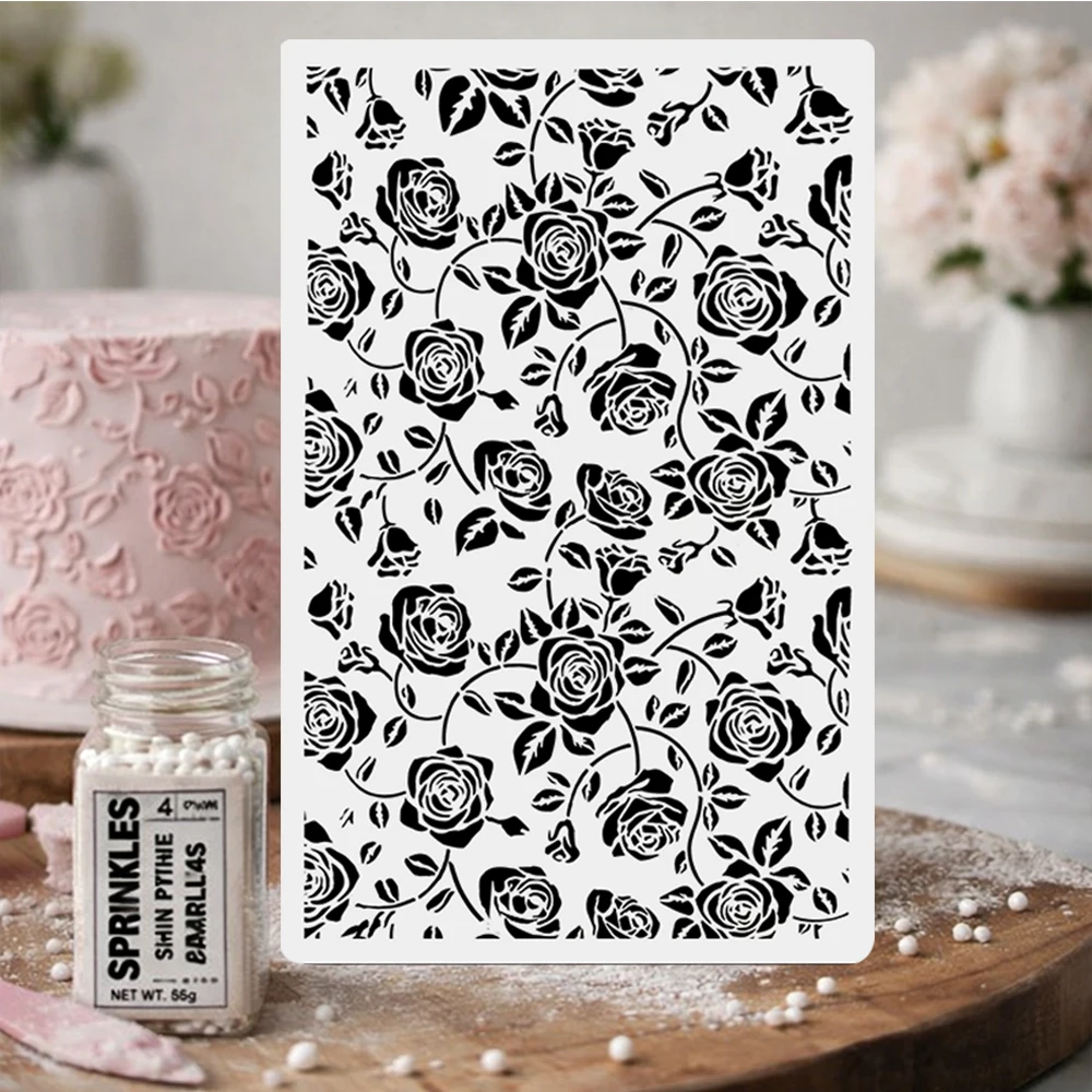 Rose Floral Cake Spray Stencil, Reusable PET Hollow Template for Fondant Cake Cookie Decoration and Home Baking Crafts