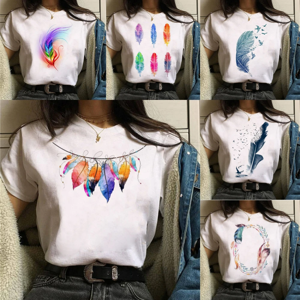 

Women's T-shirt Watercolor Feathers T-shirt Loose Creative Feathers T-shirt Durable Casual T-shirt Daily Travel Streetwear