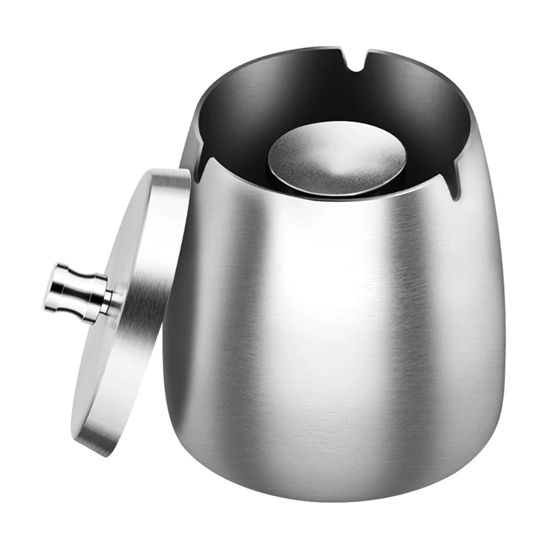 Ashtray Stainless Steel With Lid Heavy Ashtray Storm-Wind Non-Slip Base For Outside And Inside Silver-AA26