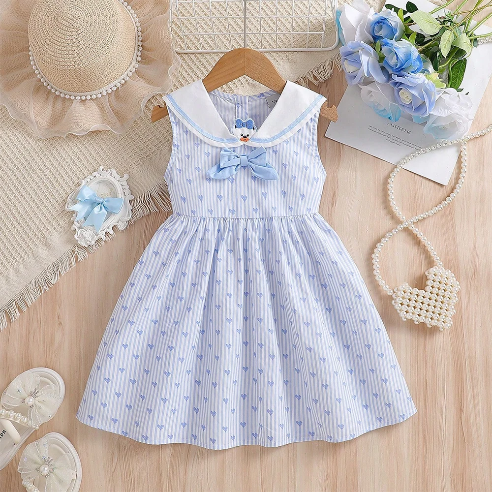 Kleid für kleine Mädchen, 2–6 Jahre, ärmellos, gestreift, mit Herz-Print, 100 % Baumwolle, weißer Kragen, Schleifenakzent, Sommer-Outfits für Kinder – Detail 2