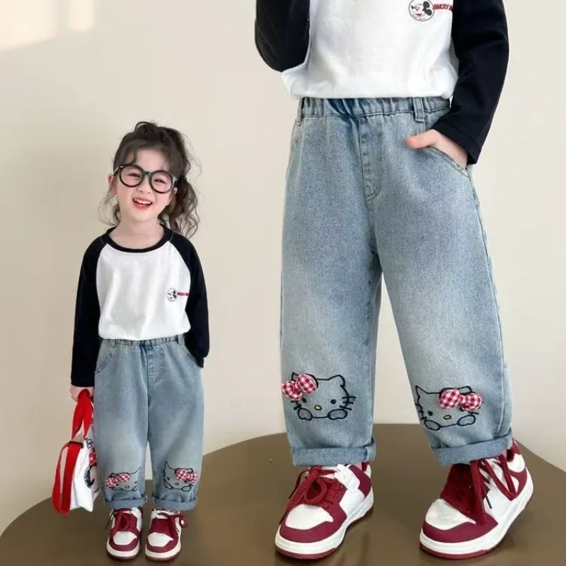 

Autumn Kawaii Hello Kitty Sanrio Cute Cartoon Children Jeans Student Comfortable Warm Pants Loose Pants Birthday Gift for Kids