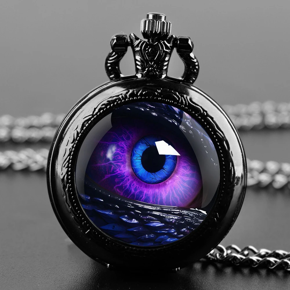 Exquisite Dragon Purple Eye Glass Dome Quartz Pocket Watch Necklace Pendant Gifts For Women Man with Fob Chain