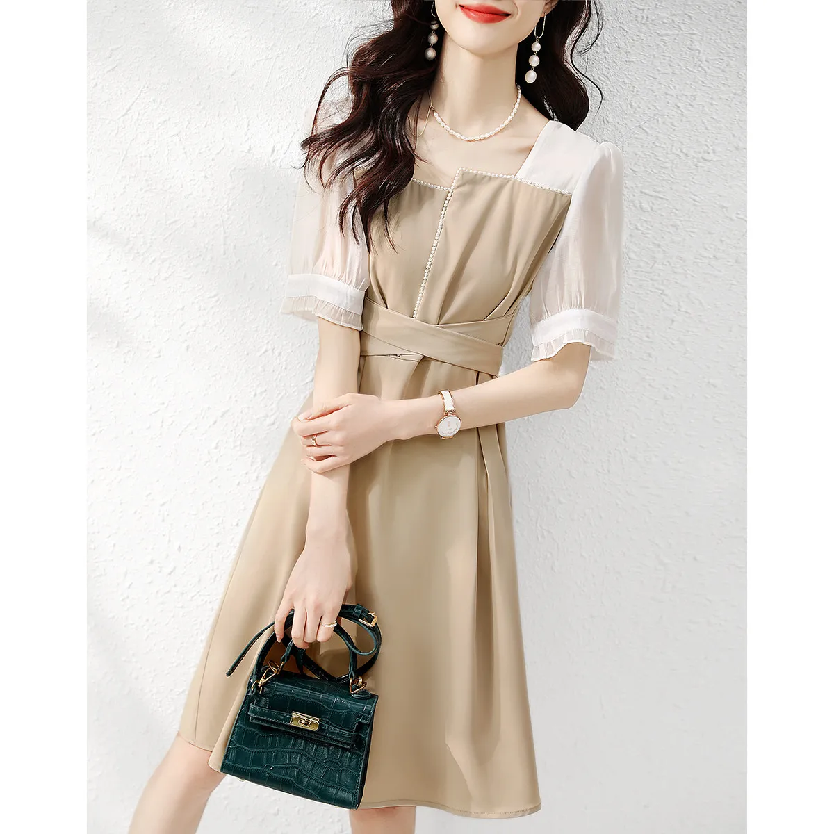 

Elegant Beaded Trim Square Neck Dress Summer Women Patchwork Puff Short Sleeve High Waist A Line Workwear Midi Dresses