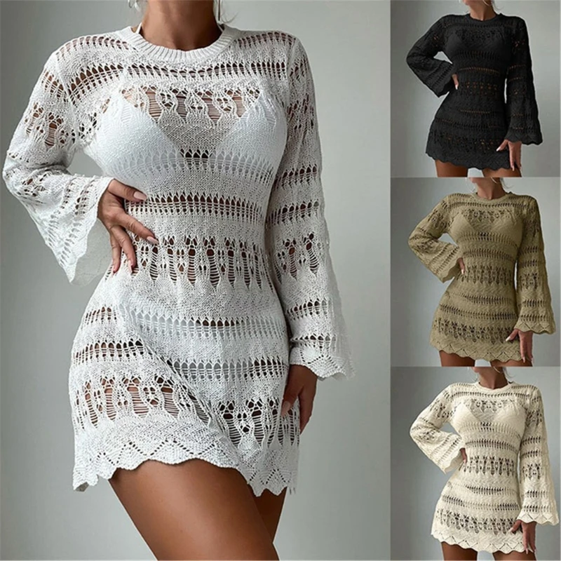 Robe plage à manches longues, Cover-up pour les maillots bain, ajouré, en Crochet, robe plage