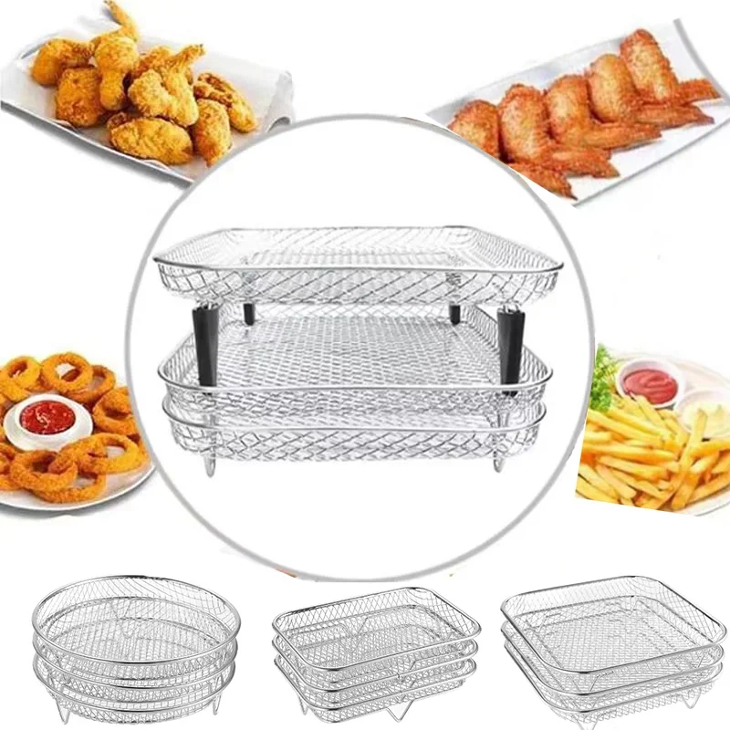 3Layers Air Fryer Rack Stainless Steel Stackable Grill Food Dehydrator Basket Air Fryer Accessory  Cook Several Food in One Time