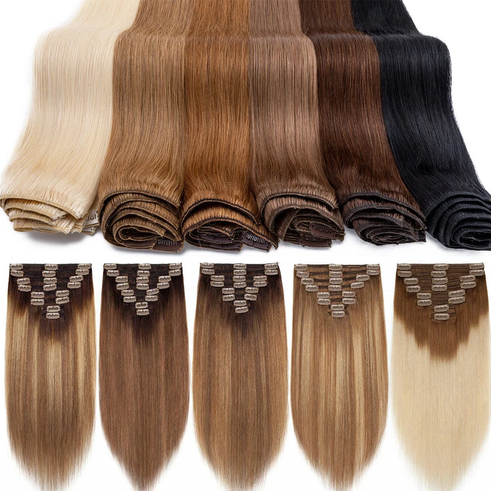 

Богатый выбор, зажим для наращивания волос, настоящие человеческие волосы, 8 шт., шелковистые прямые зажимы для наращивания человеческих волос, полная голова, двойная прорисовка