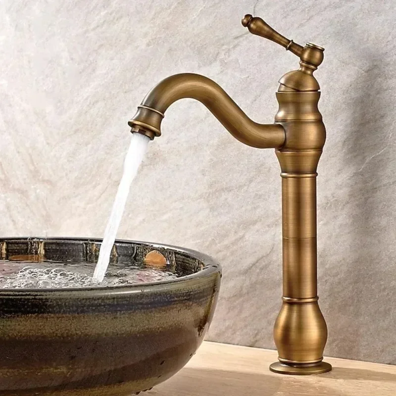 

360 ° Rotating Ceramic Antique Copper Bathroom Faucet Single Hole Faucet Long Neck Mixed Sink Faucet With Pop-up Drainage Pipe